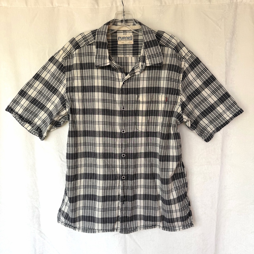 Purnell Mens Plaid Black Cream Button Down Short Sleeve Casual Shirt Large